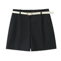 Women's New Chic Fashion Belt Decoration Casual Versatile Pleated Shorts Retro High Waist Side Pocket Women's Shorts