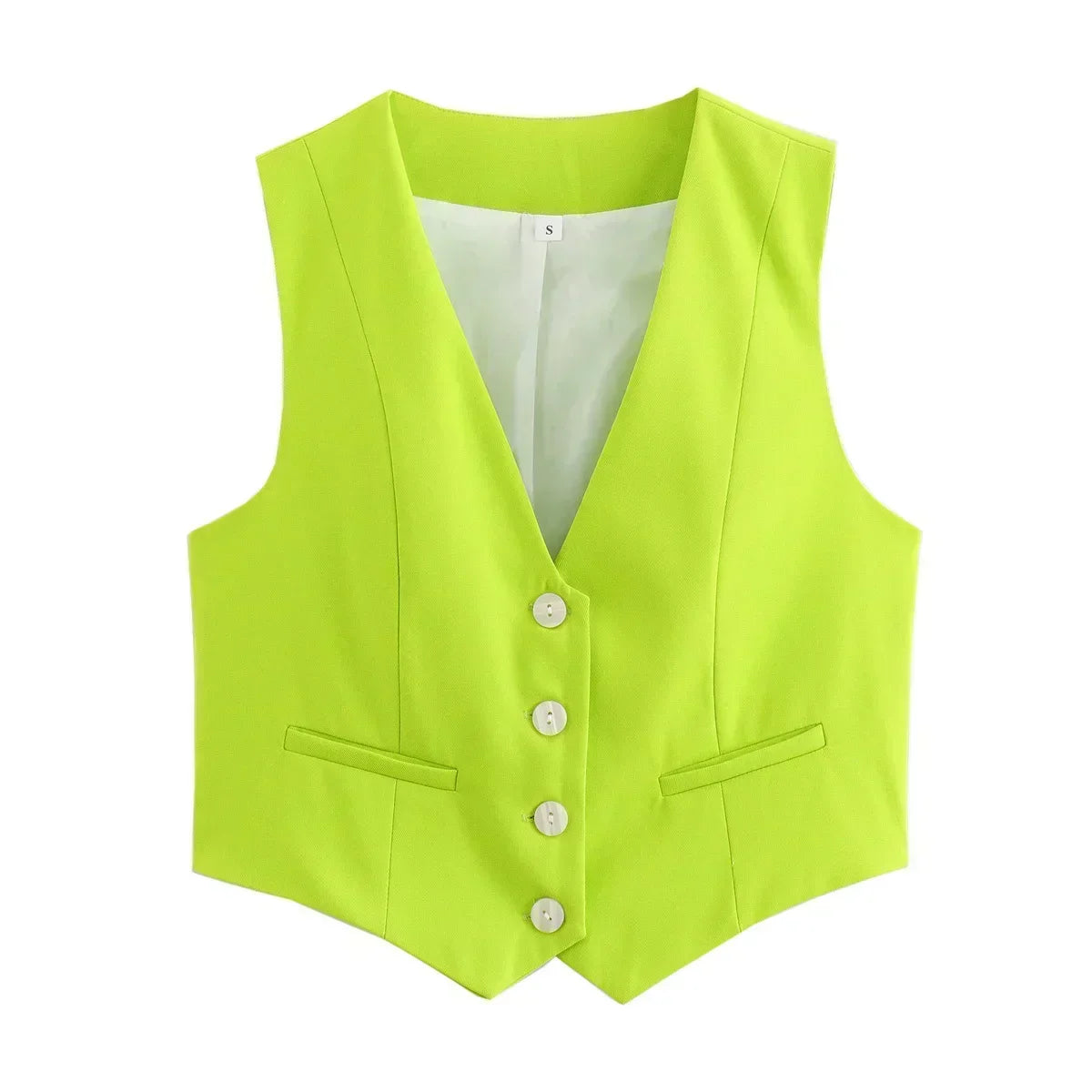 Women New Fashion Cropped V Neck Solid Casual Vest Vintage Sleeveless Button-up Female Waistcoat Chic Tops