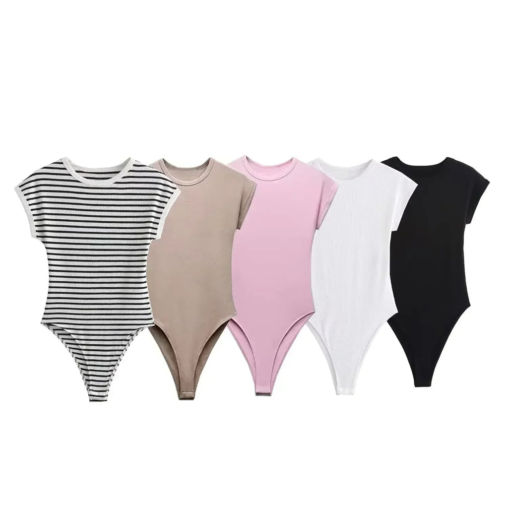 2026 Women's New Chic Fashion Multi Color Slim O Neck Ribbed Knitted jumpsuit Retro Short sleeved Women's Short jumpsuit