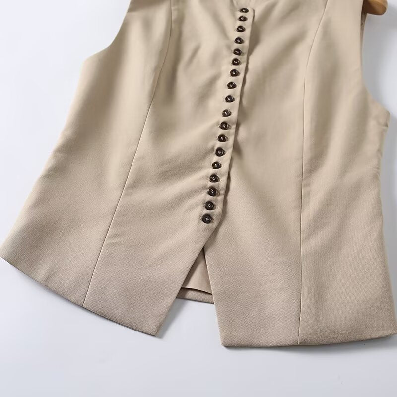 suit Women's 2 pieces Buckle design casual linen blended vest+Pants