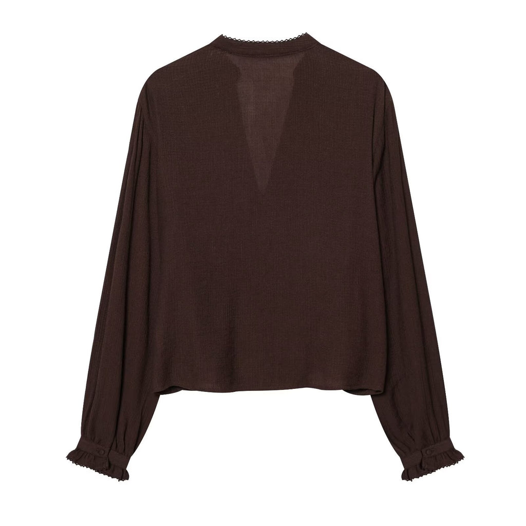 Women's V-neck pleated embroidered shirt