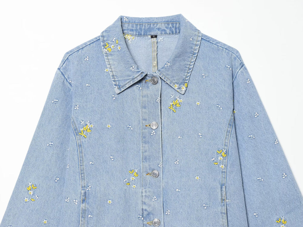 suit Women's 2 pieces flower embroidered denim jacket Coat+Shorts