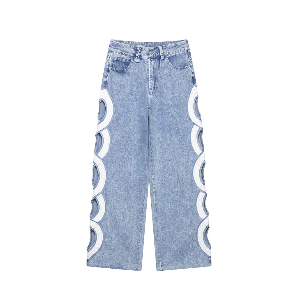 Women's hollow design high waisted straight jeans