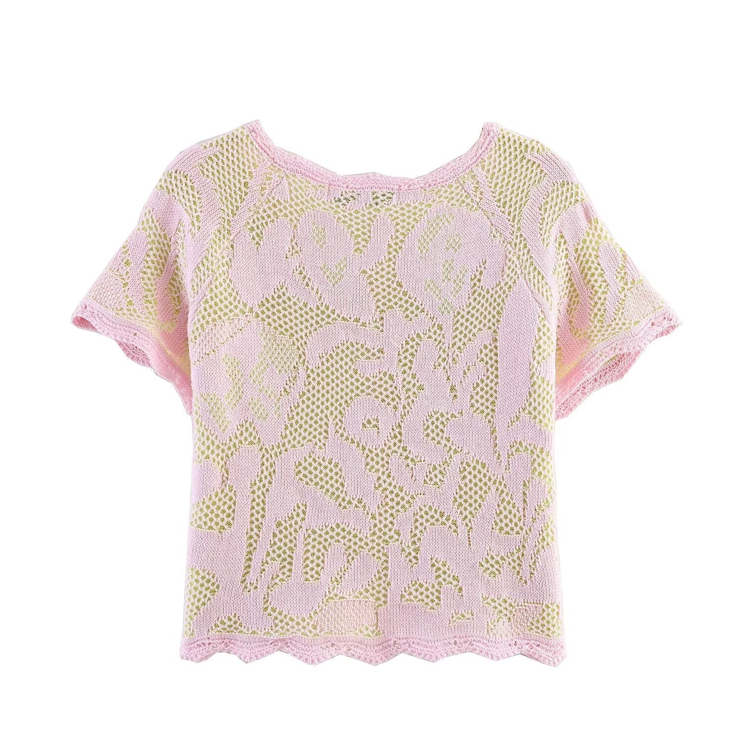 Women's O Neck jacquard short sleeved knitted Coat