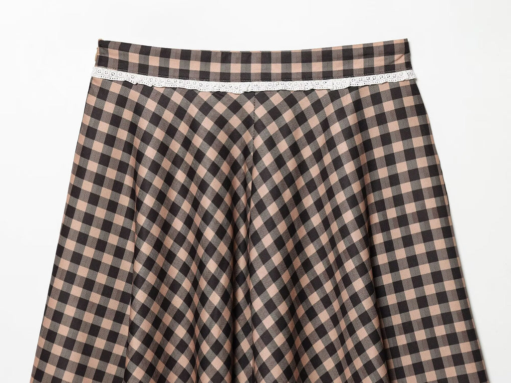 Women's lace decorative plaid MIDI skirt