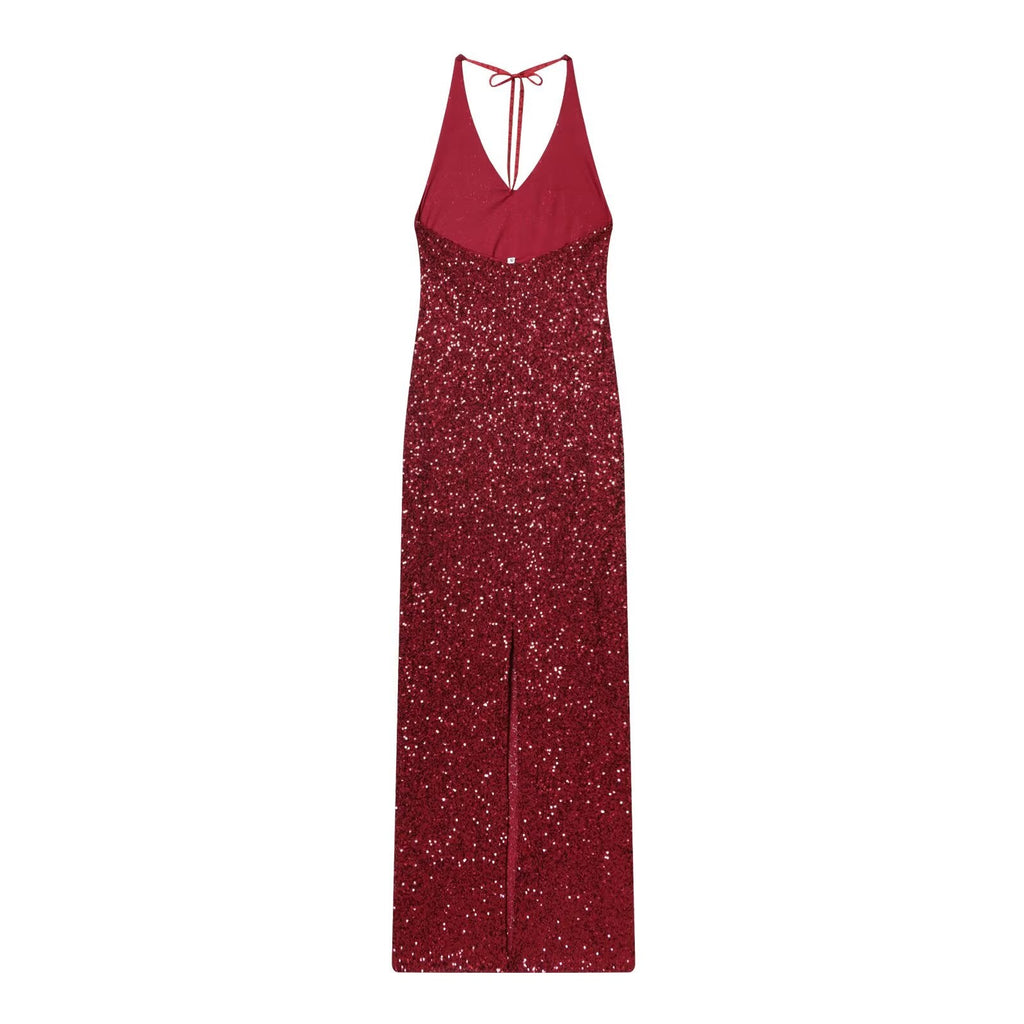 Women's pearl decoration hanging neck MIDI dress