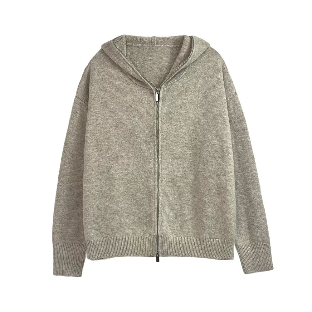 Women's new fashion long sleeved zipper hooded knitted Coat