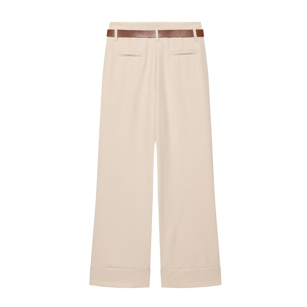 Women's casual high waisted straight leg rolled edge pants