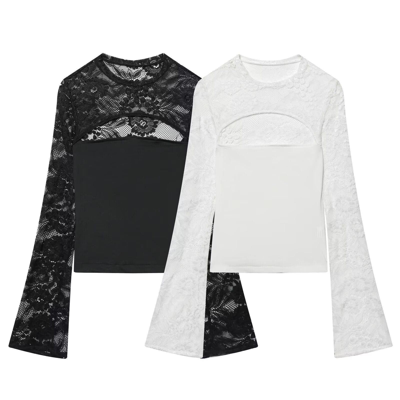Women's lace patchwork hollow flared sleeve top