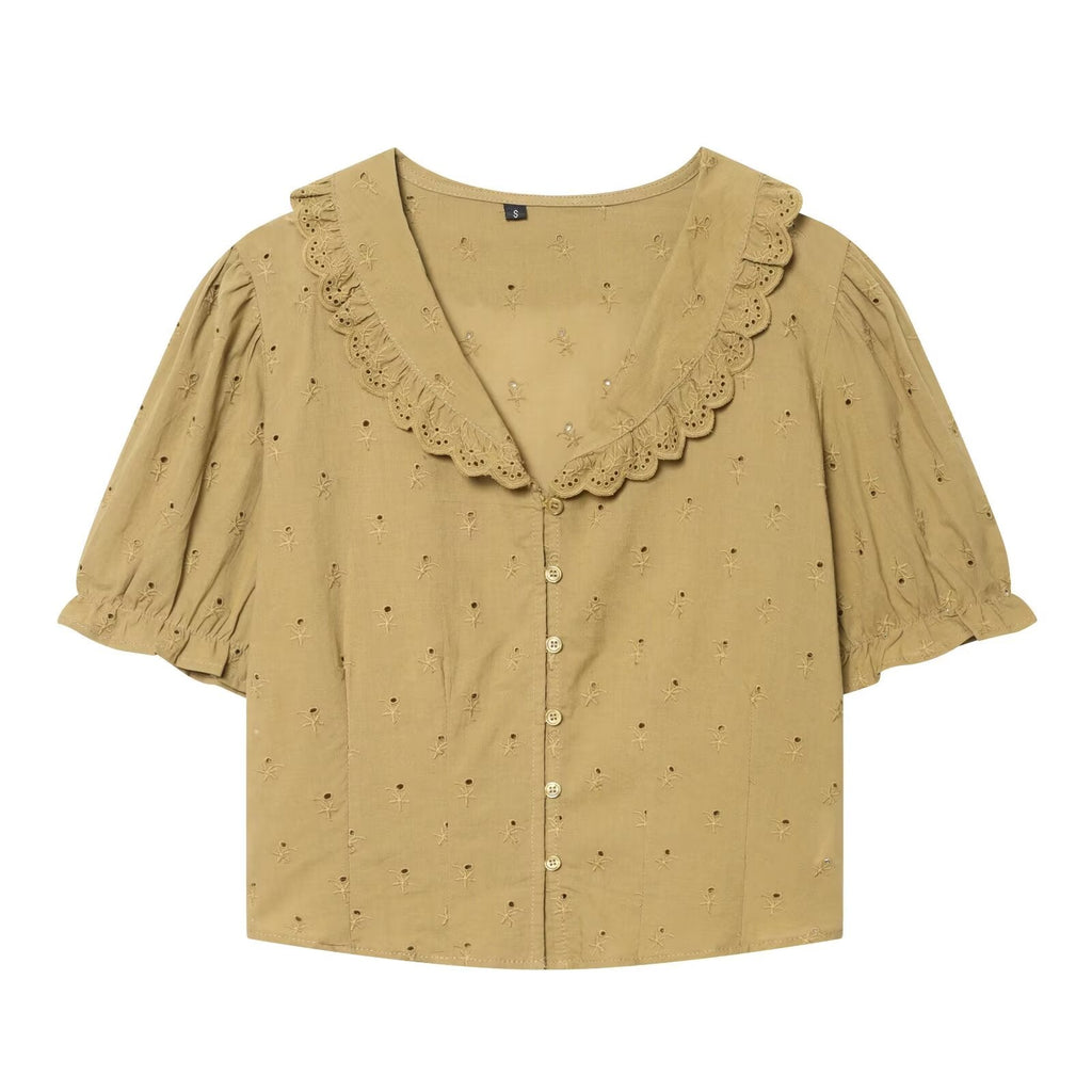 Women's short embroidered lapel shirt