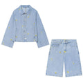 suit Women's 2 pieces flower embroidered denim jacket Coat+Shorts