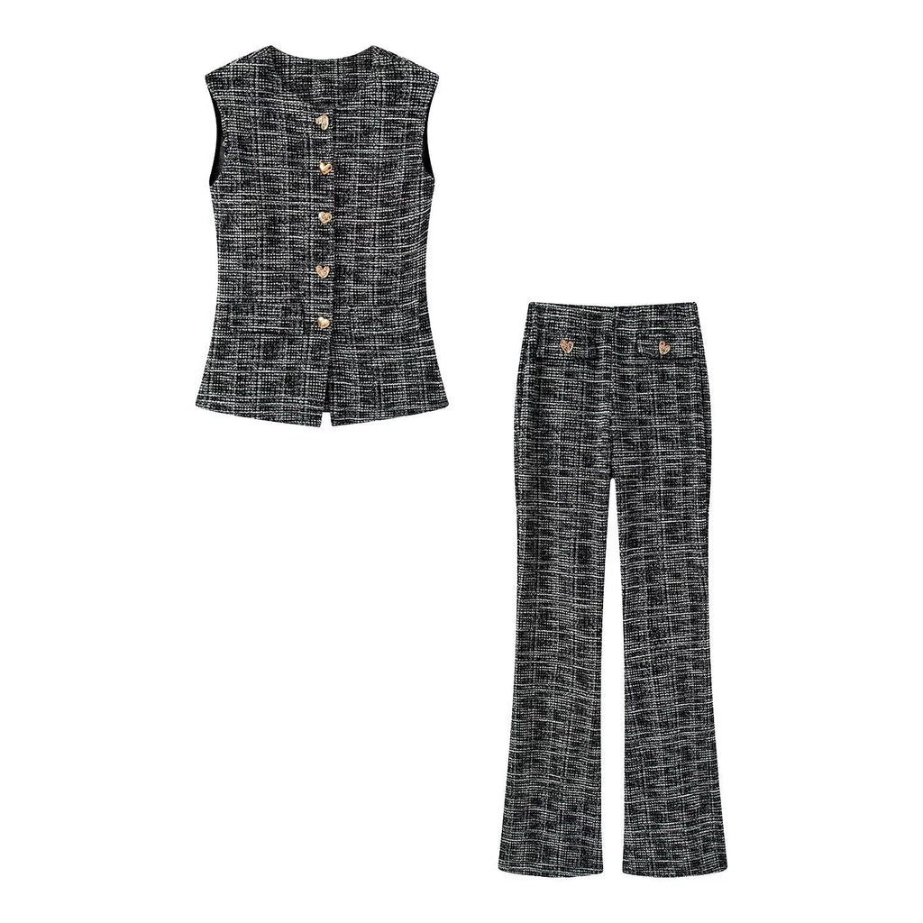 suit Women's 2 pieces button decoration texture vest style top+Flared pants