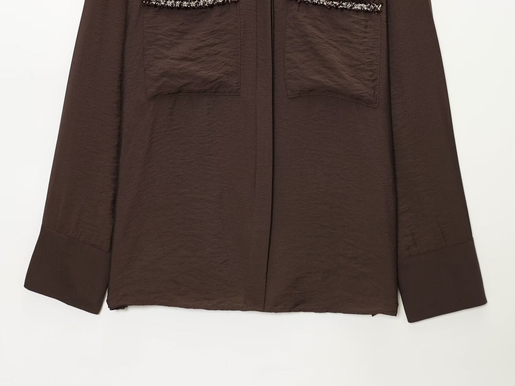 Women's loose patchwork lapel long sleeved shirt