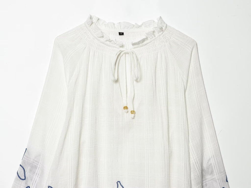Women's floral embroidered lace up shirt