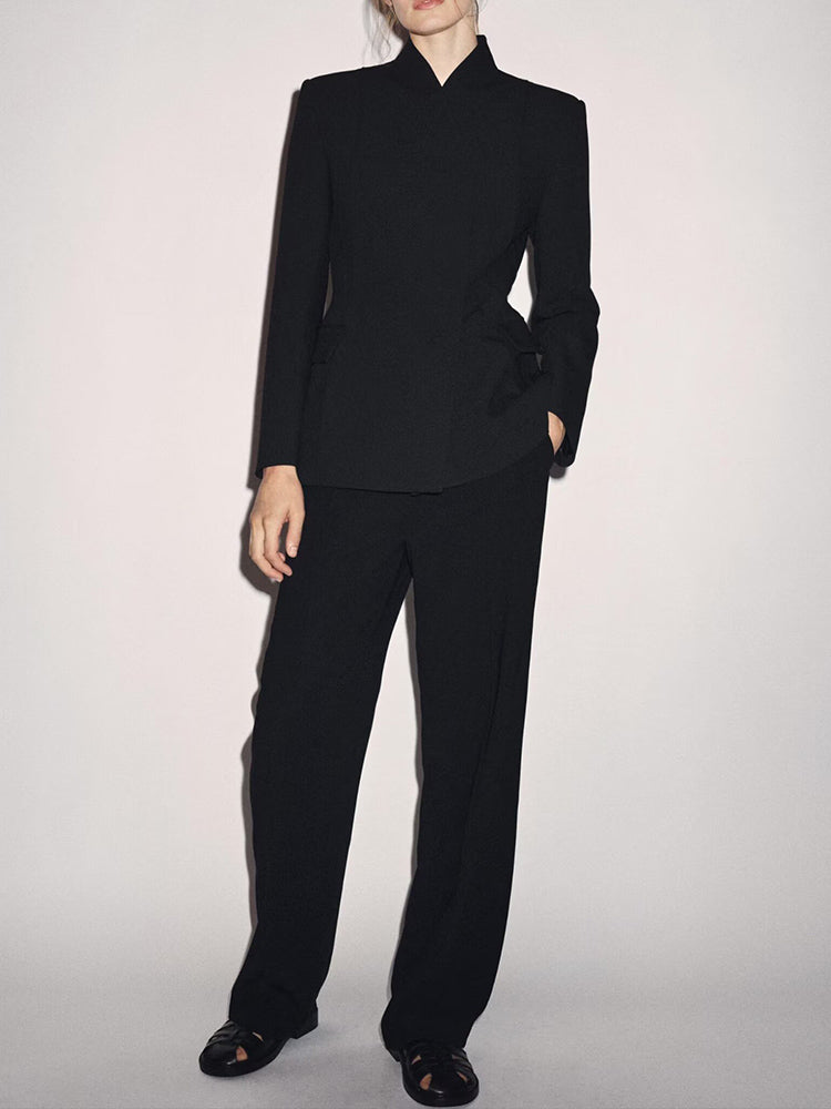 suit Women's 2 pieces Women's black slim stand collar Blazer Coat+Pants