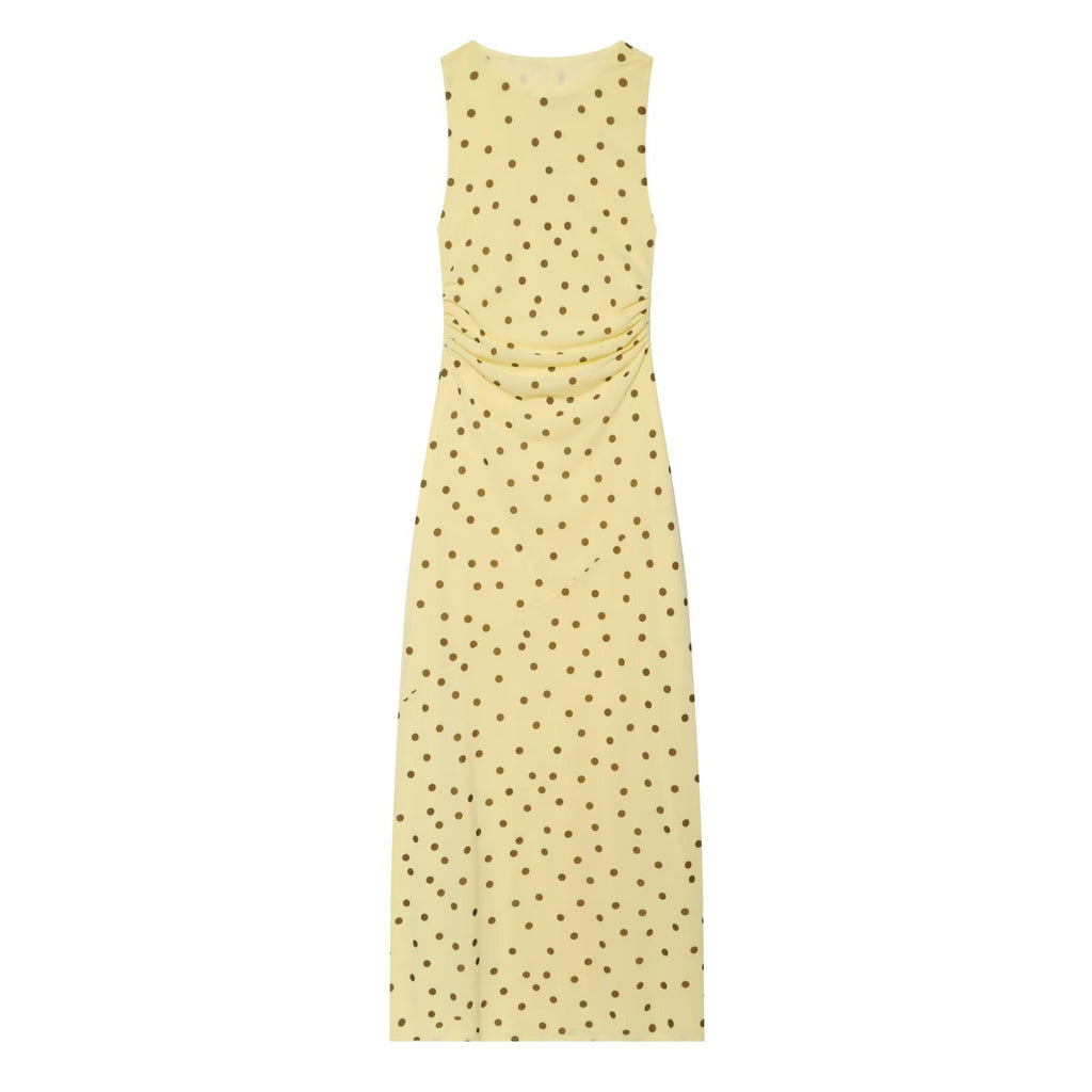 Women's sleeveless polka dot draped dress