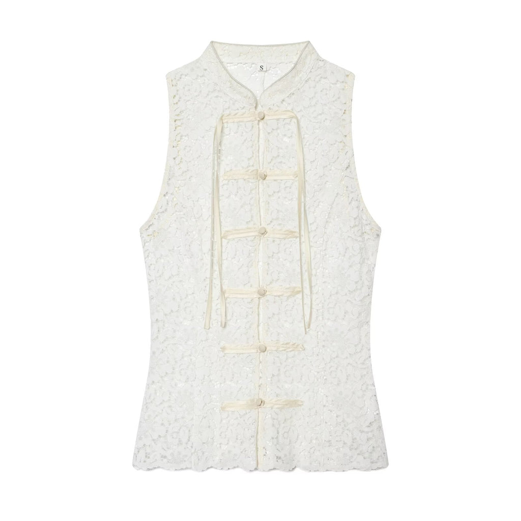 Women's rope knot decorative embossed lace top