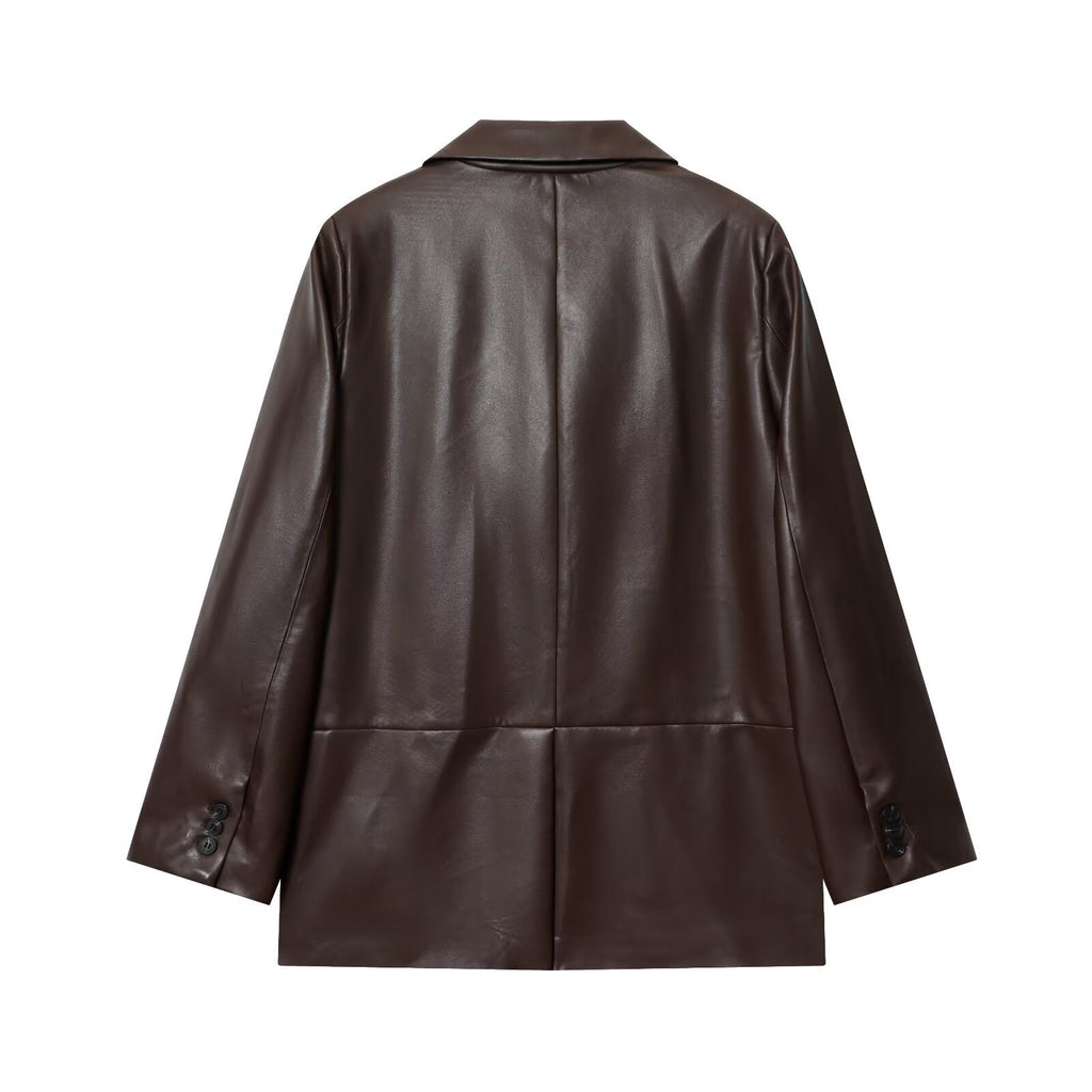 Women's new fashion loose leather effect straight suit jacket