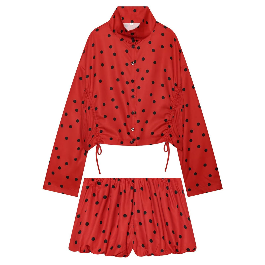 suit Women's 2 pieces lace up decorative polka dot Coat+shorts