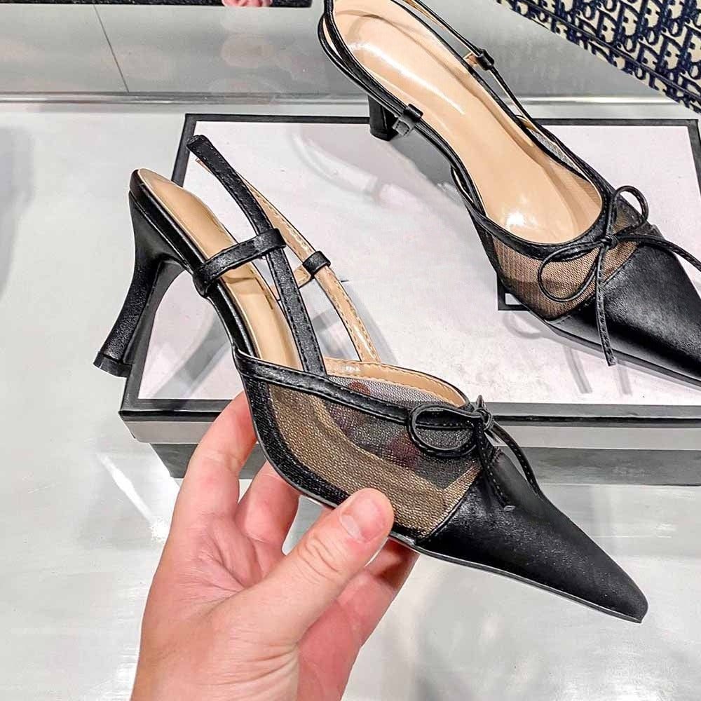 Women's New Fashion Joker Mesh Bow Pointed 6CM Stiletto Heels