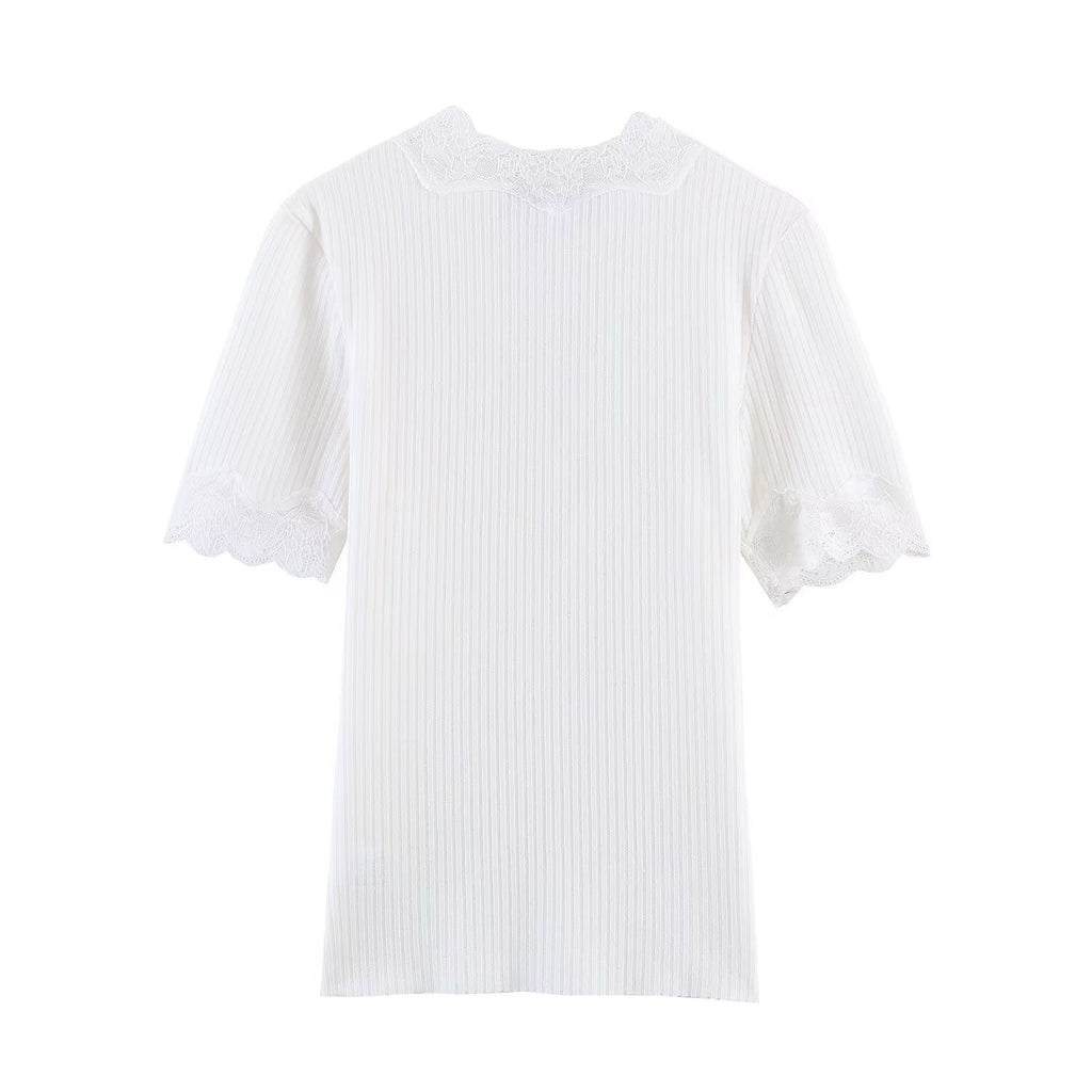 Women's slim V-neck lace ribbed T-shirt