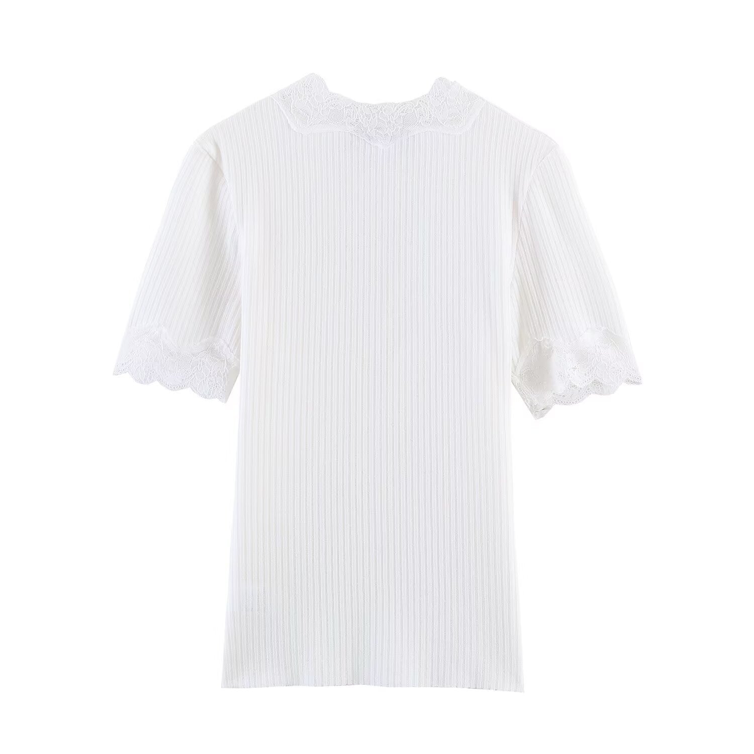 Women's slim V-neck lace ribbed T-shirt