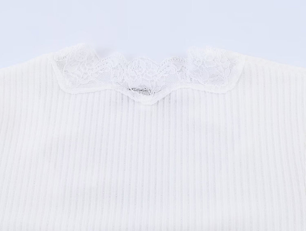 Women's slim V-neck lace ribbed T-shirt