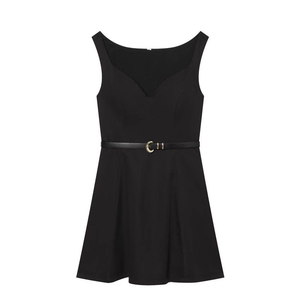 Women's With Belt Black Mini Dress