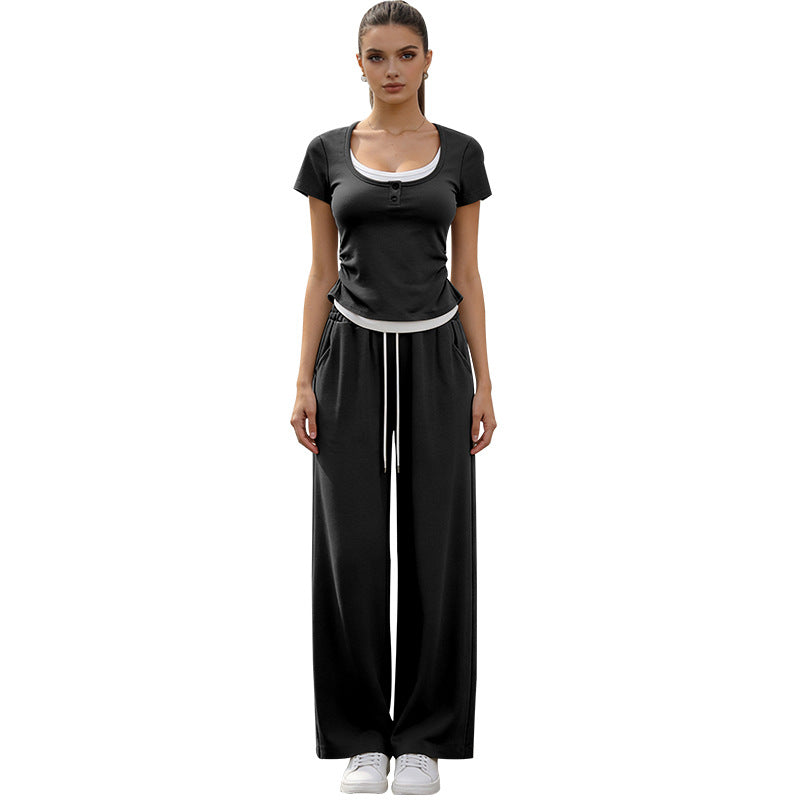 2026 women's new fake two-piece coat wide-leg pants sports two-piece suit