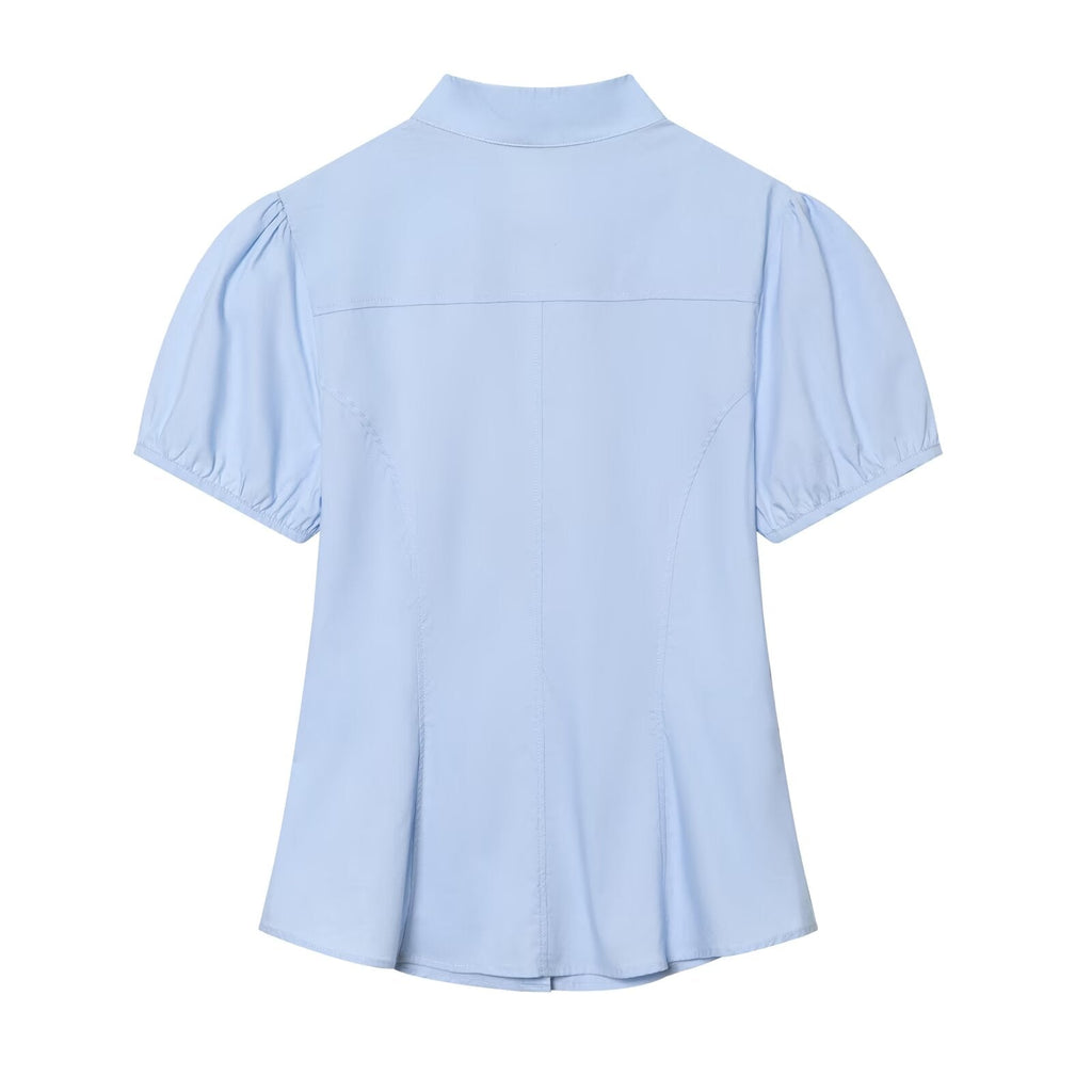 Women's bow decoration pleated poplin top