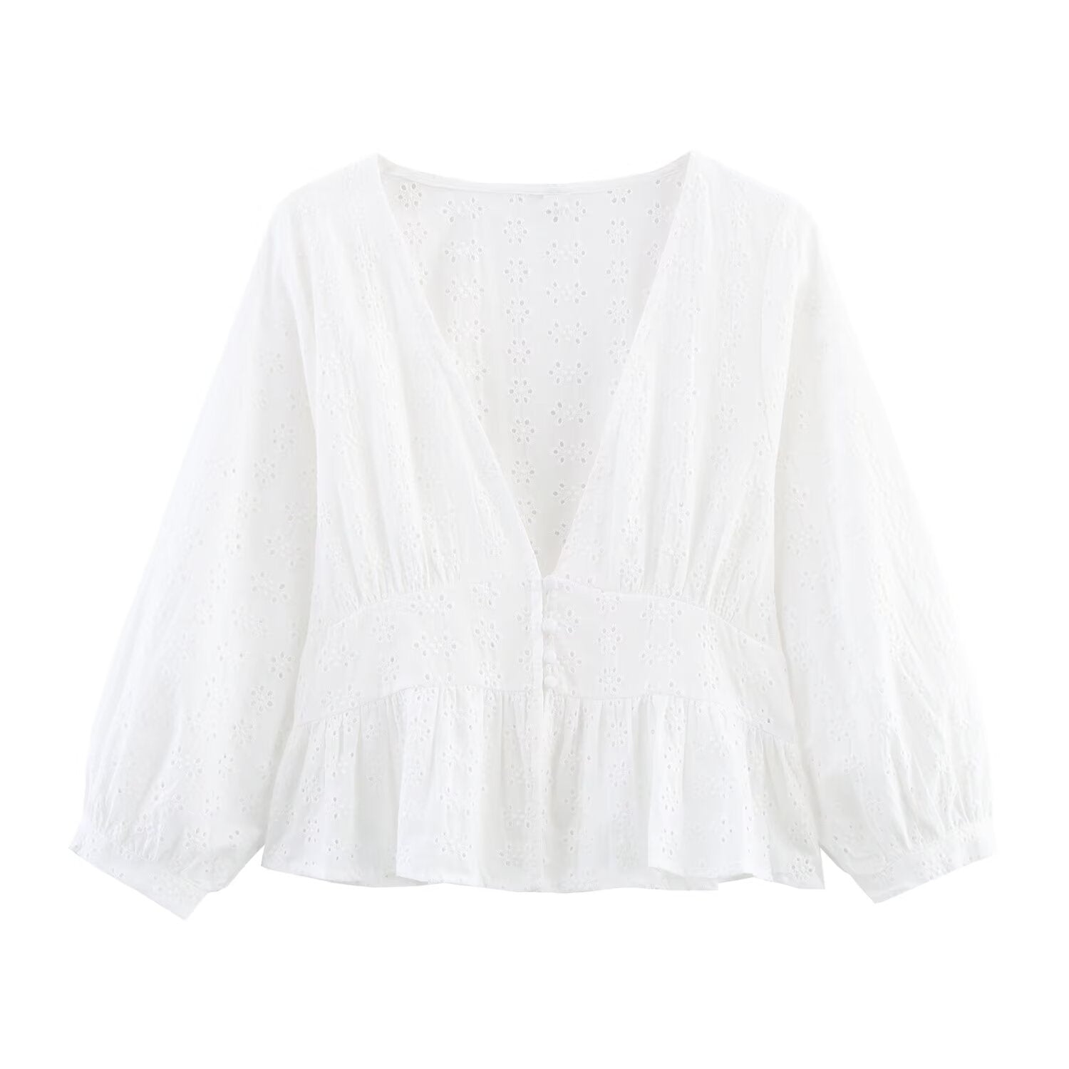 Women's hollowed out embroidered V-neck shirt