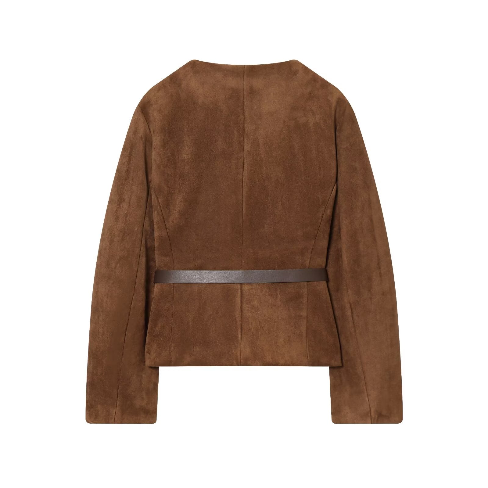 Women's new fashion with Belt suede texture effect O Neck suit jacket