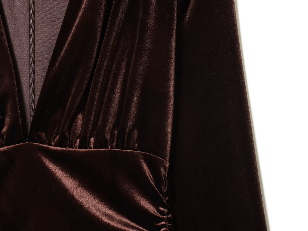 Women's slim V-neck velvet Midi dress