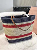 Women's new letter printing contrast stripe straw bag