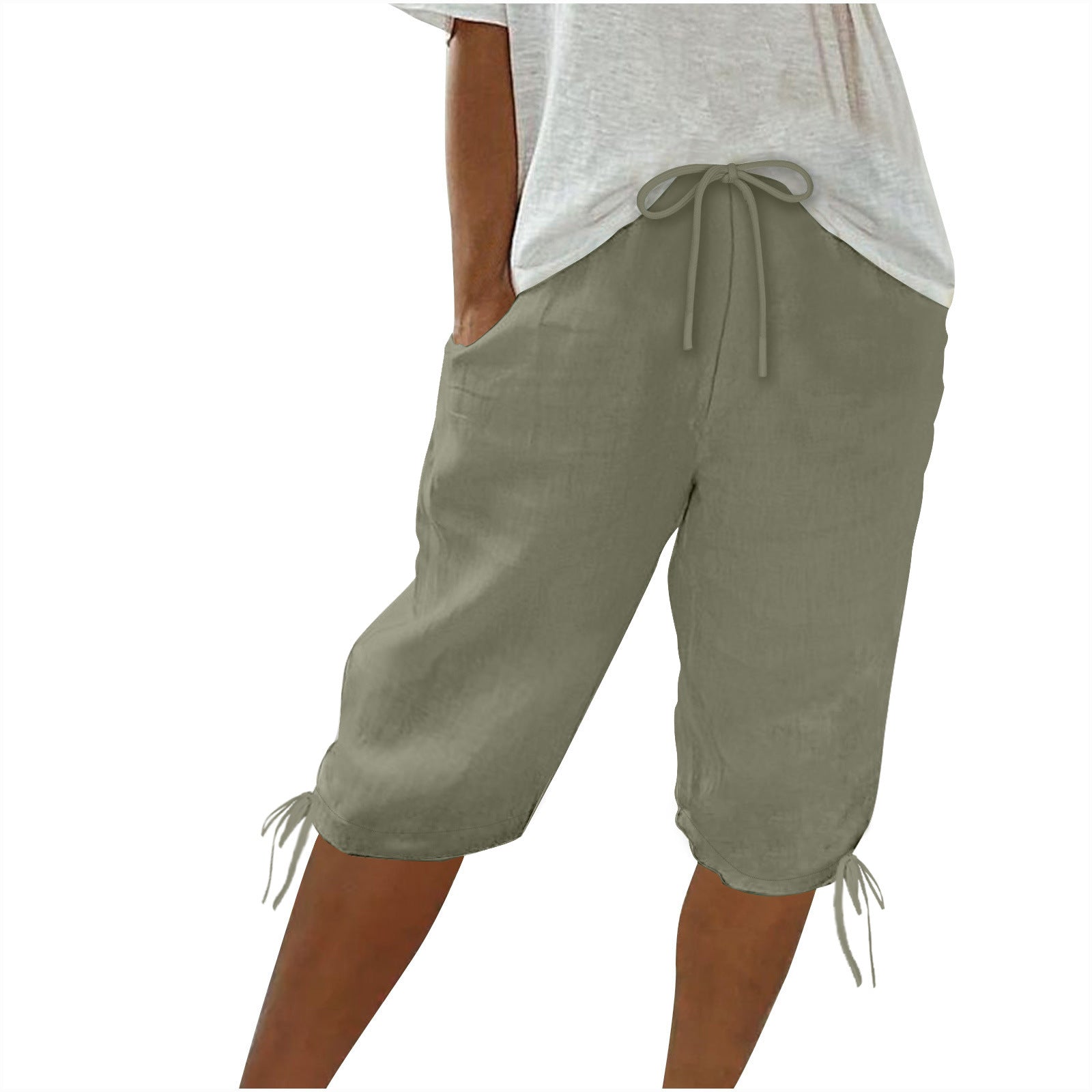2026 women's new cotton and linen pocket elastic drawstring pants