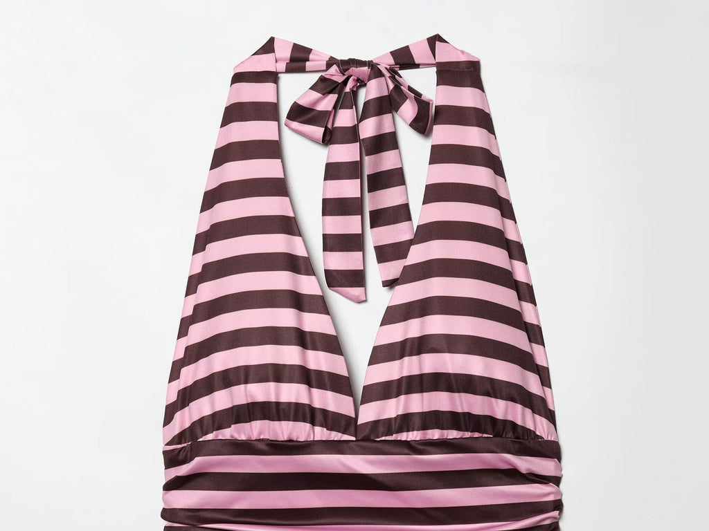 Women's striped pleated V-neck halter neck dress
