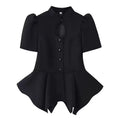 Women's hollowed out bubble sleeve waist cinched top
